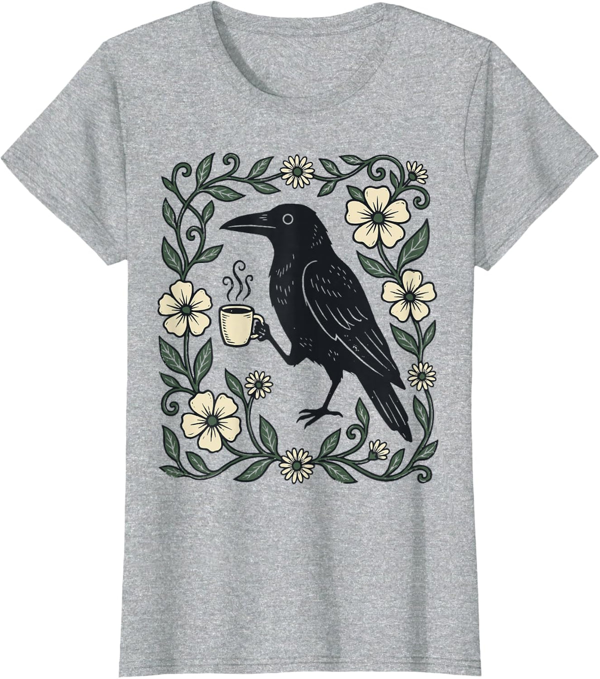 Raven Coffee Goth Flowers T-Shirt - Heather Grey