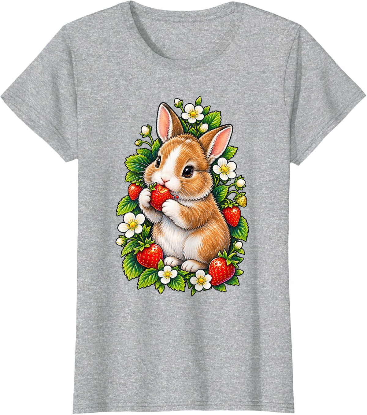 Rabbit with Strawberry and Blossoms T-Shirt - Heather Grey