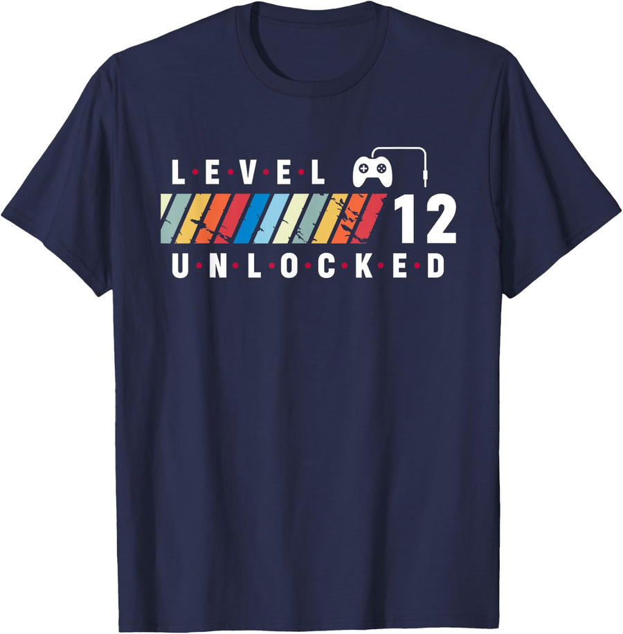 Level 12 Unlocked 12 Year Old Gamer 12th Video Game Birthday T-Shirt - Navy Blue