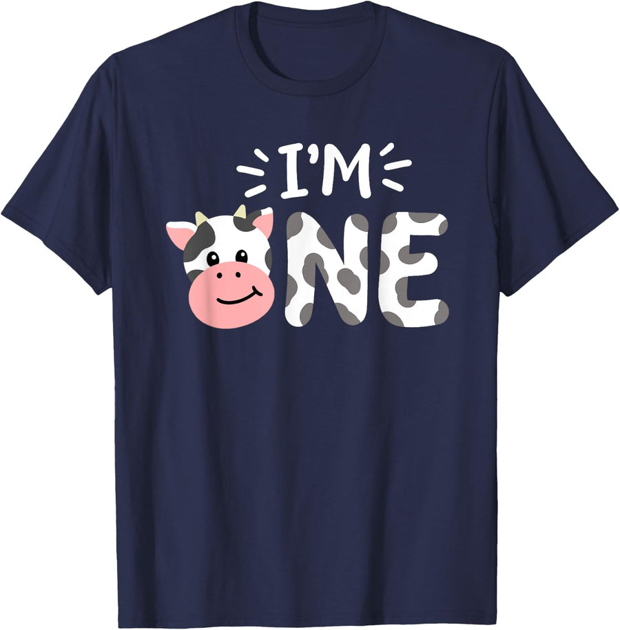 I'm One 1st Birthday Cow Farm Theme Party 1 Year Old Toddler T-Shirt - Navy Blue