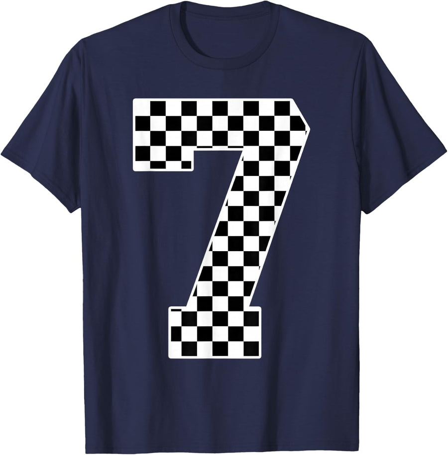 7th Birthday Racing Car Seven 7 Year Old Checked Flag T-Shirt - Navy Blue