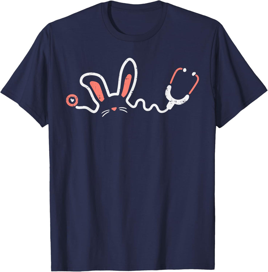 Easter Bunny Stethoscope Nurse Doctor Rabbit Scrub Top Women T-Shirt - Navy Blue