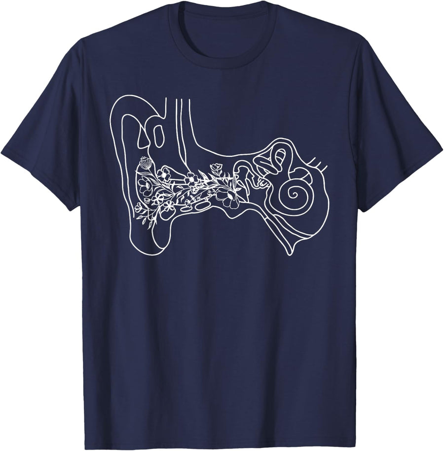 Floral Ear Anatomy Inner Ear Audiology Otolaryngology Deaf T-Shirt - Navy Blue