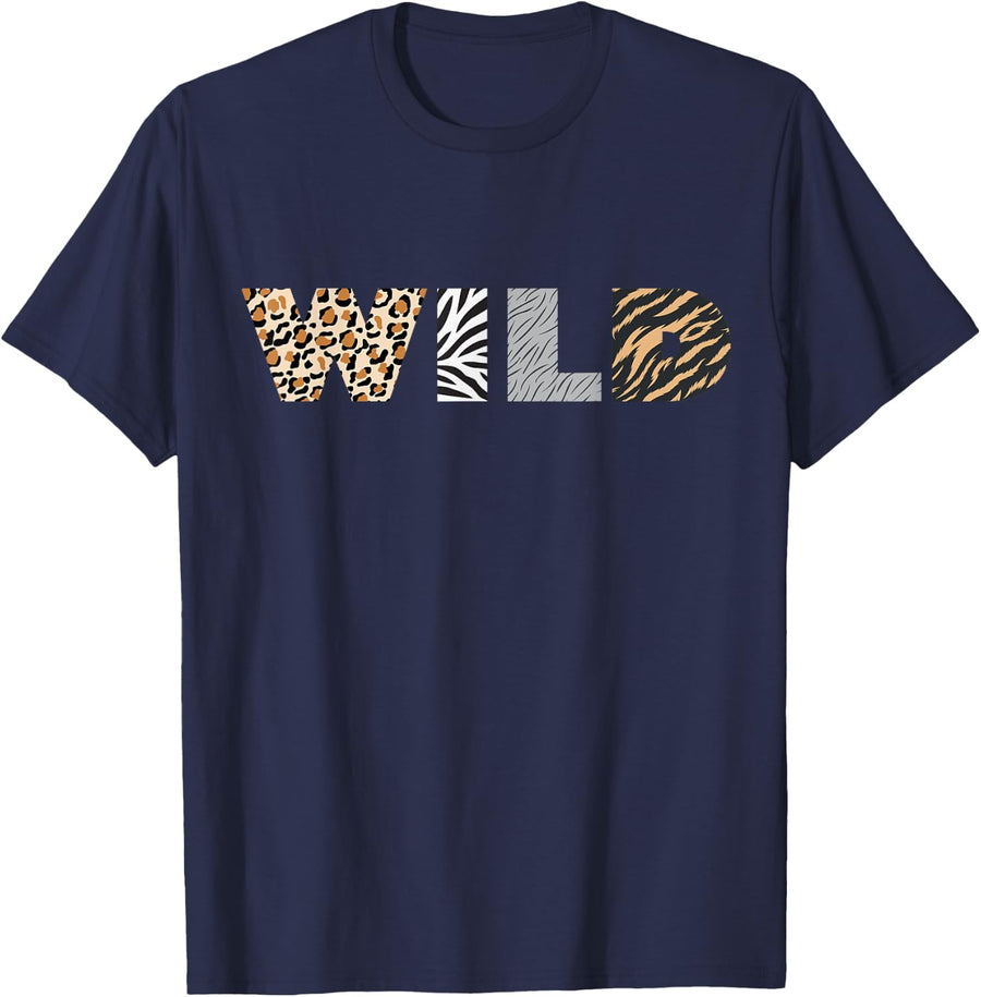 Wild Animal Print Leopard Zebra Wolf Wild Dog Animal Pattern T-Shirt - Navy Blue