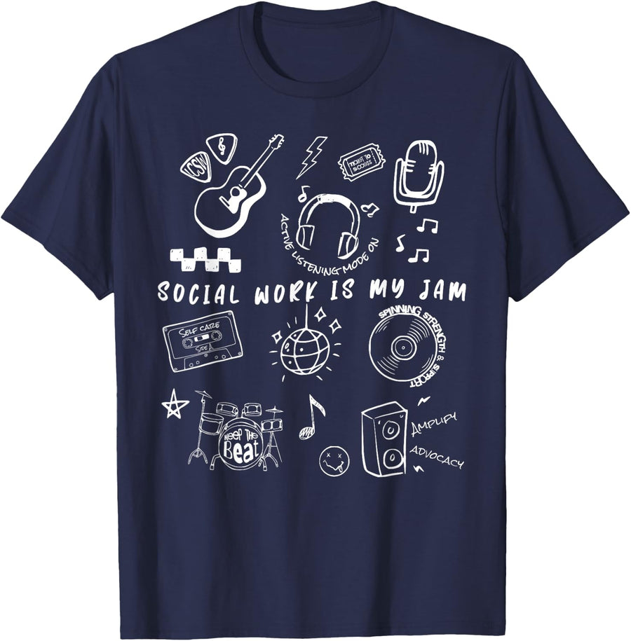Social Work Is My Jam Musical Music Lover Social Worker T-Shirt - Navy Blue