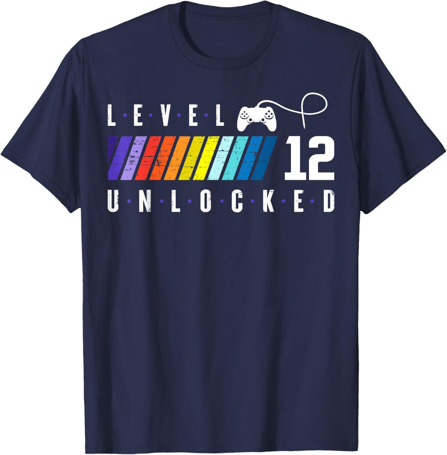 12th Birthday Gamer Boy or Gamer Girl - Level 12 Unlocked T-Shirt - Navy Blue