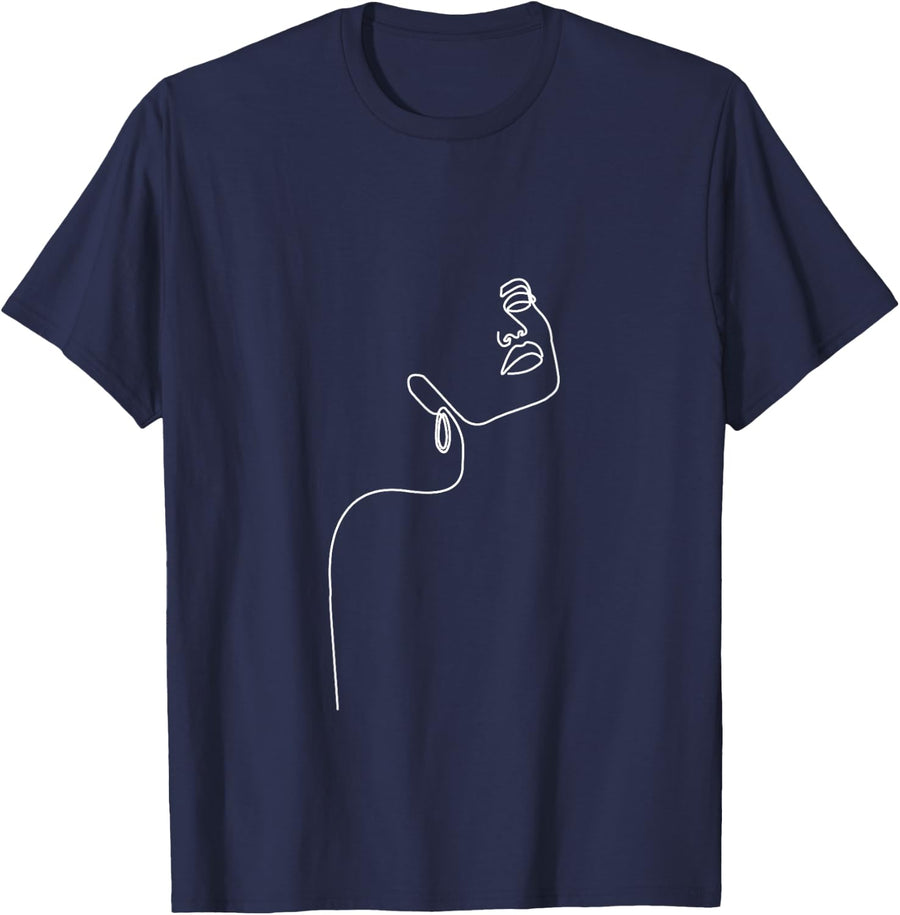 Aesthetic Minimalist Drawing Female Face Abstract Line Art T-Shirt - Navy Blue
