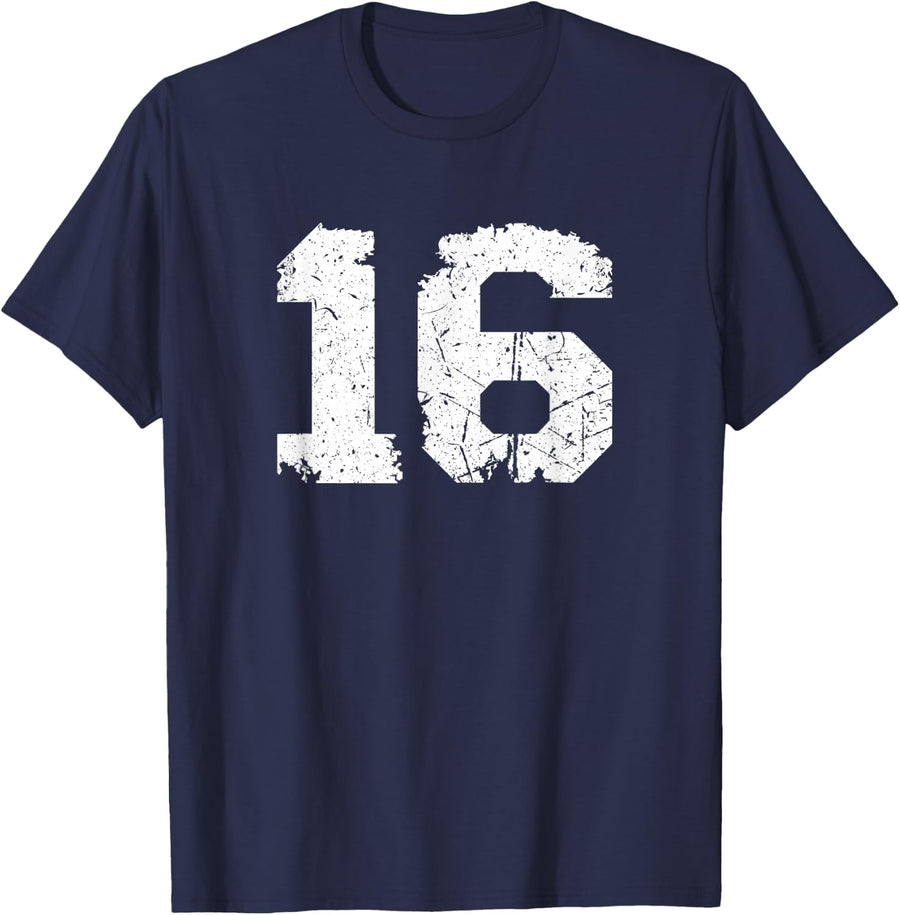 White Vintage Torn Sports Team Number #16 T-Shirt - Navy Blue