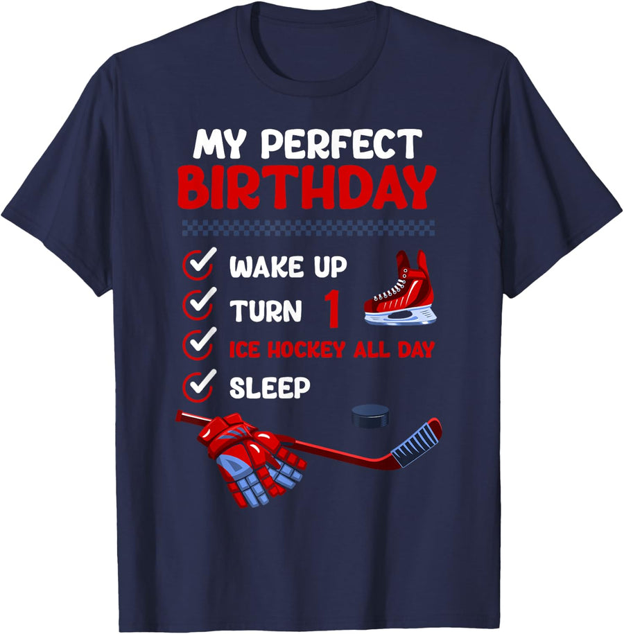 1st Birthday Ice Hockey Bday 1 Year Old Funny B-Day Matching T-Shirt - Navy Blue