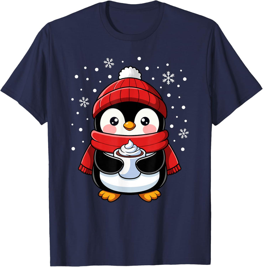 Penguin Christmas Hot Cocoa Winter Toddler Girl Boy Women T-Shirt - Navy Blue