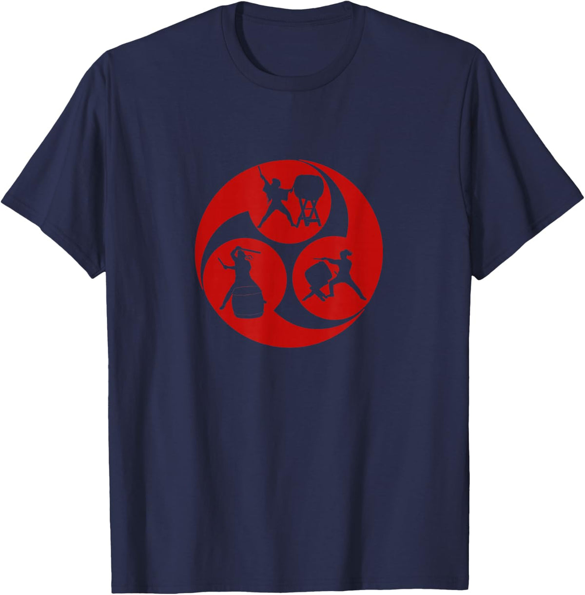 Red Mitsudomoe Symbol Cool Taiko Drummer T-Shirt - Navy Blue