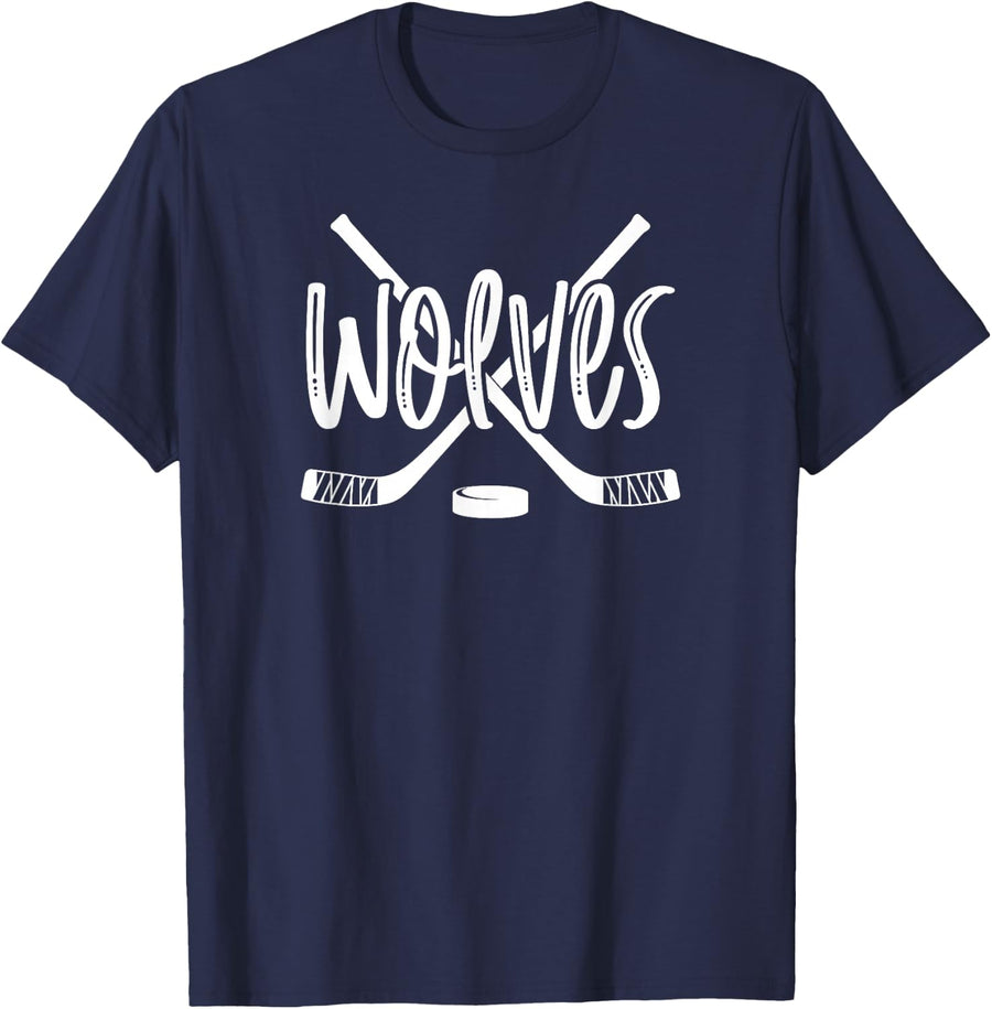 Wolves Hockey Team Mascot School Spirit Game Night T-Shirt - Navy Blue