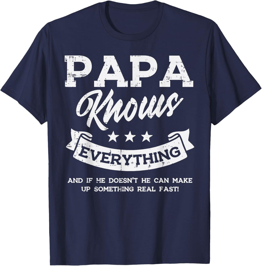 Papa Knows Everything Funny Fathers Day Dad Grandpa Daddy T-Shirt - Navy Blue