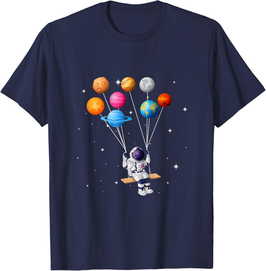 Astronaut Planet Swing Solar System Sun Earth Universe T-Shirt - Navy Blue
