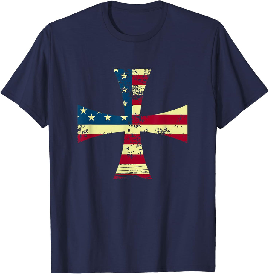 USA Flag Knights Templar - Maltese Cross Silhouette T-Shirt - Navy Blue