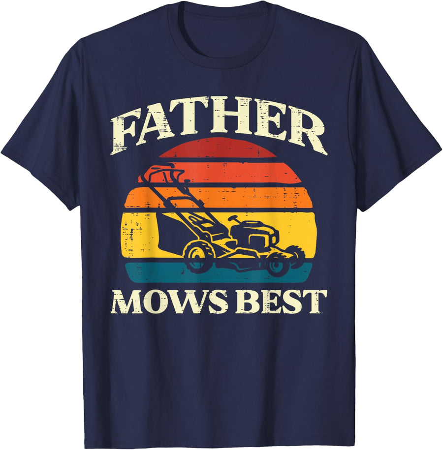 Father Mows Best Lawn Mower Retro Fathers Day Gardening Dad T-Shirt - Navy Blue