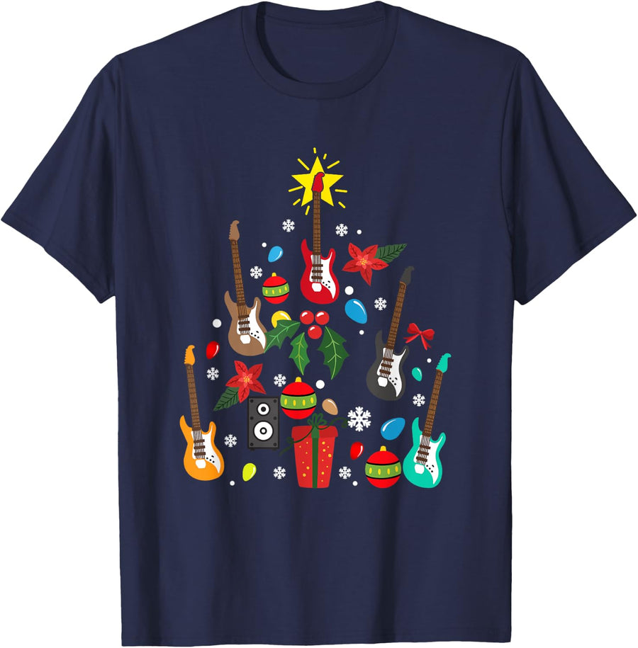 Bass Guitar Christmas Tree Guitar Player Musician Pajamas T-Shirt - Navy Blue