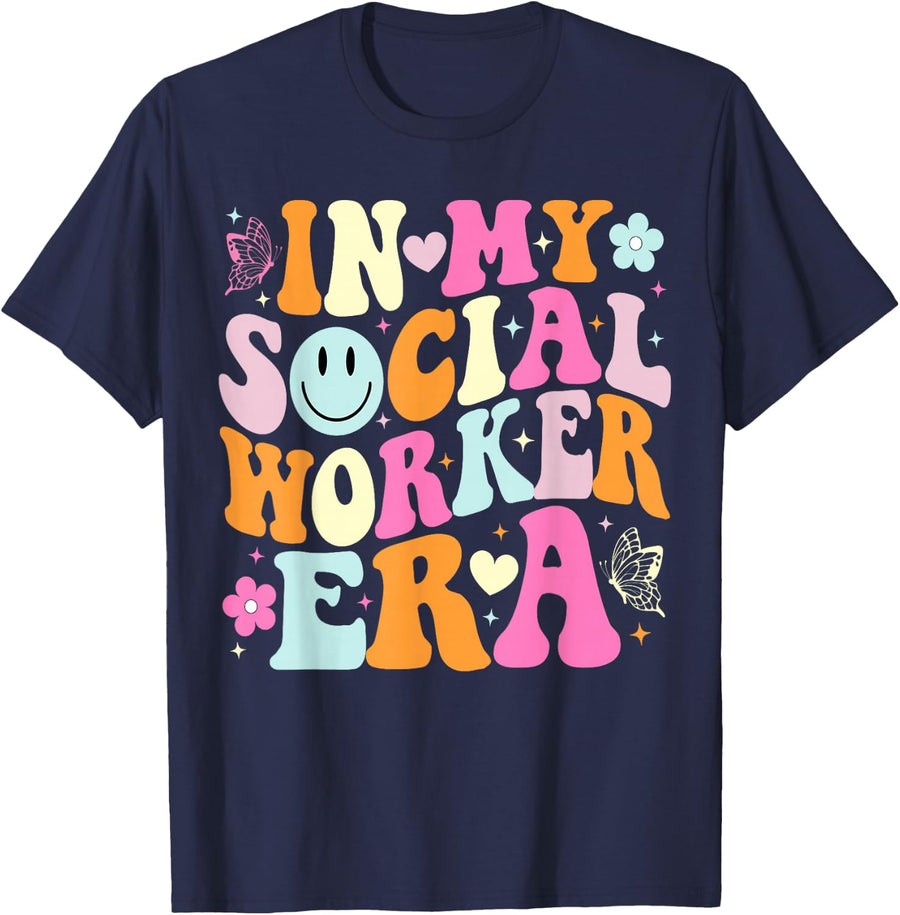 in My Social Worker Era MSW Floral Groovy Social Worker T-Shirt - Navy Blue