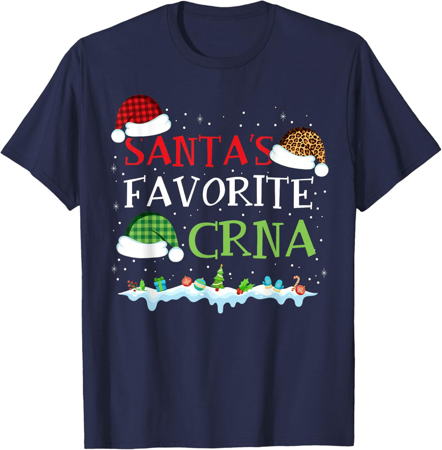 Santa's Favorite CRNA Fun Christmas Nurse Anesthetist T-Shirt - Navy Blue