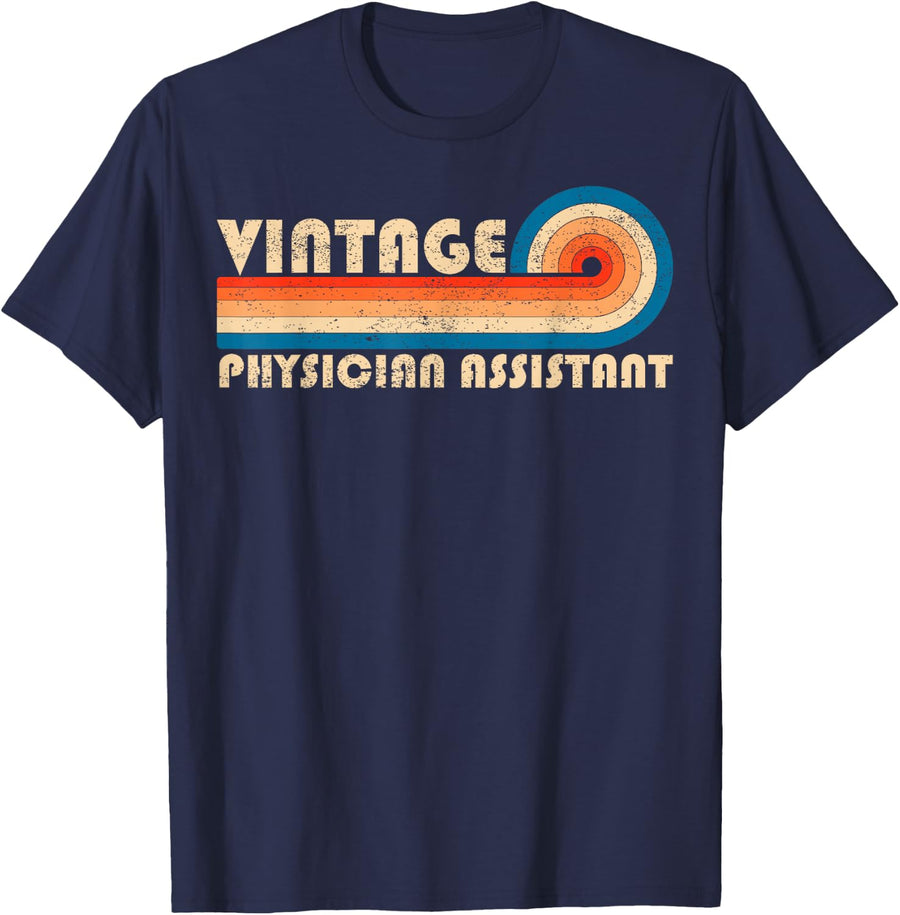 Vintage Physician Assistant Retro 70s 80s Sunset Stripe T-Shirt - Navy Blue