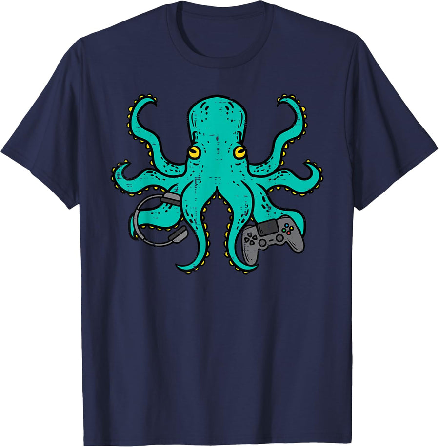 Gamer Shirts Video Games Boys Men Girls Kids Gift Octopus Gamer Funny Gaming Unisex-Multiaged T-Shirt Black Short Sleeve