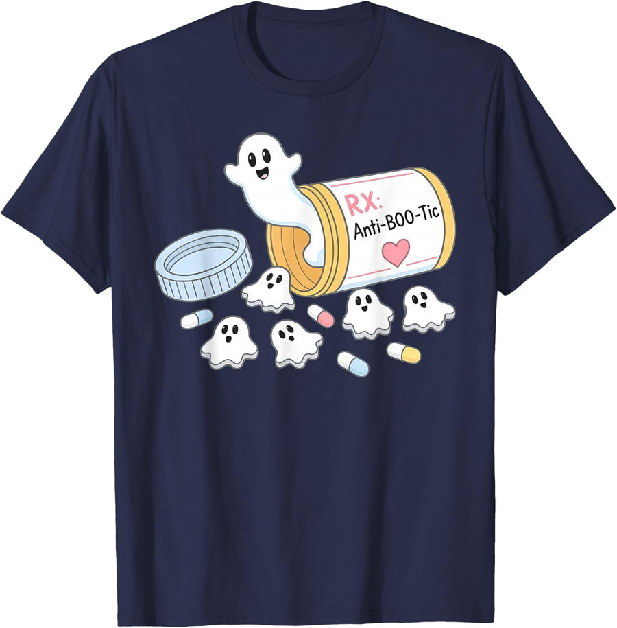 Halloween Nurse Anti-Boo-tic Ghost Pills Pharmacist Tech T-Shirt - Navy Blue