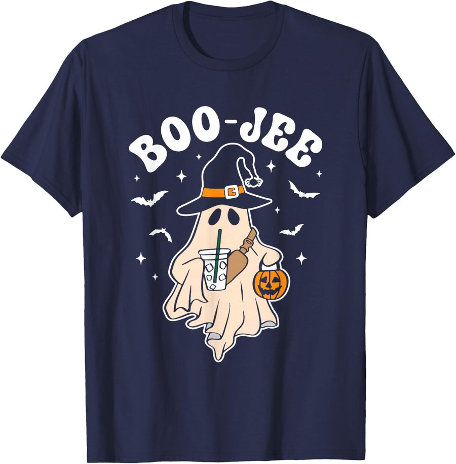 Halloween Boujee Ghost Coquette Leopard Ghost Coffee Boo-JEE T-Shirt - Navy Blue