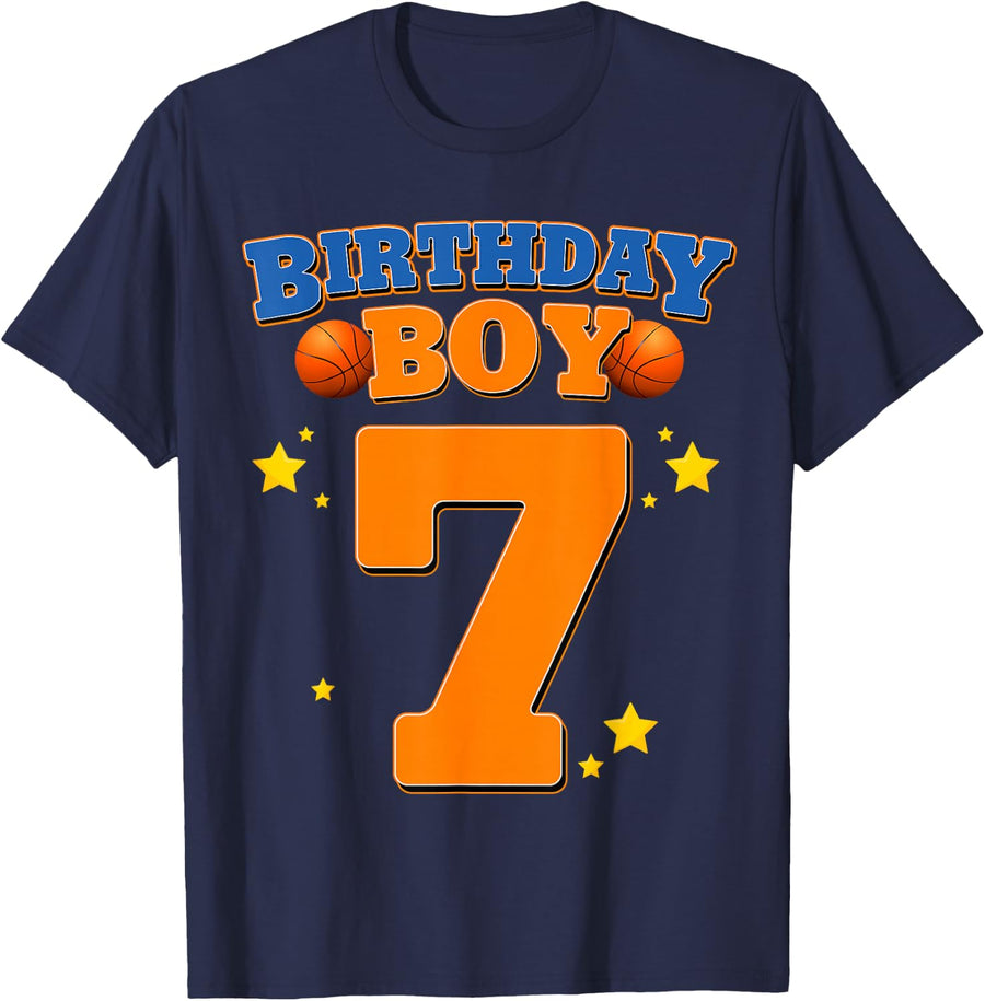 7th Birthday Boy Shirt Basketball 7 Years Old Kids Gift T-Shirt - Navy Blue