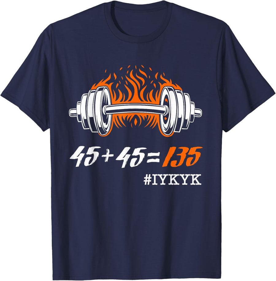 45+45=135, Funny Weight Lifting Fitness Squat Bench Gym Math T-Shirt - Navy Blue