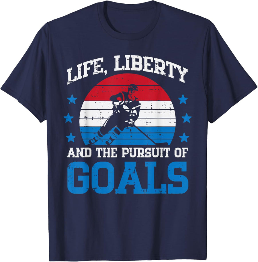 4th July Ice Hockey Life Liberty Goals Patriot Men Boys Kids T-Shirt - Navy Blue