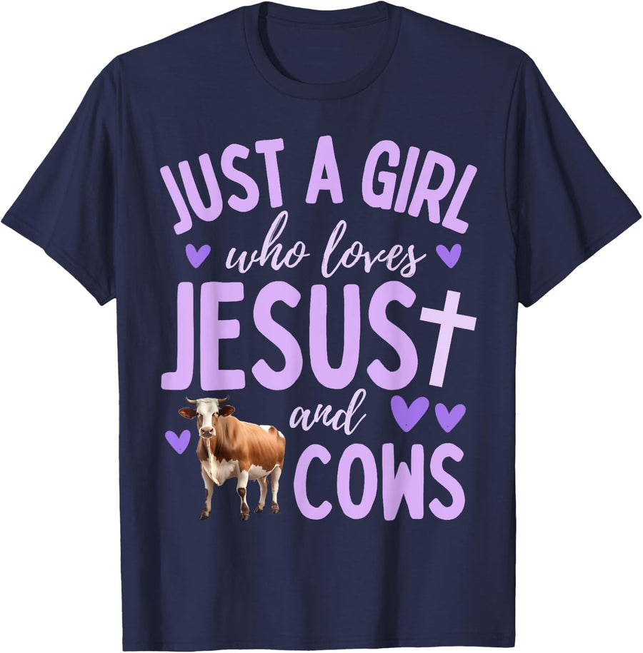 Just A Girl Who Loves Jesus and Cows Christian Cute T-Shirt - Navy Blue