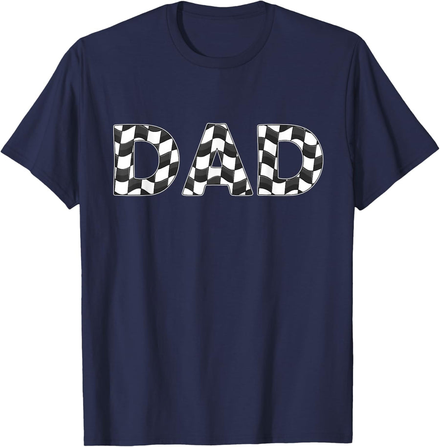 Checkered Race car Dad White Black Checkerboard Men Flag T-Shirt - Navy Blue