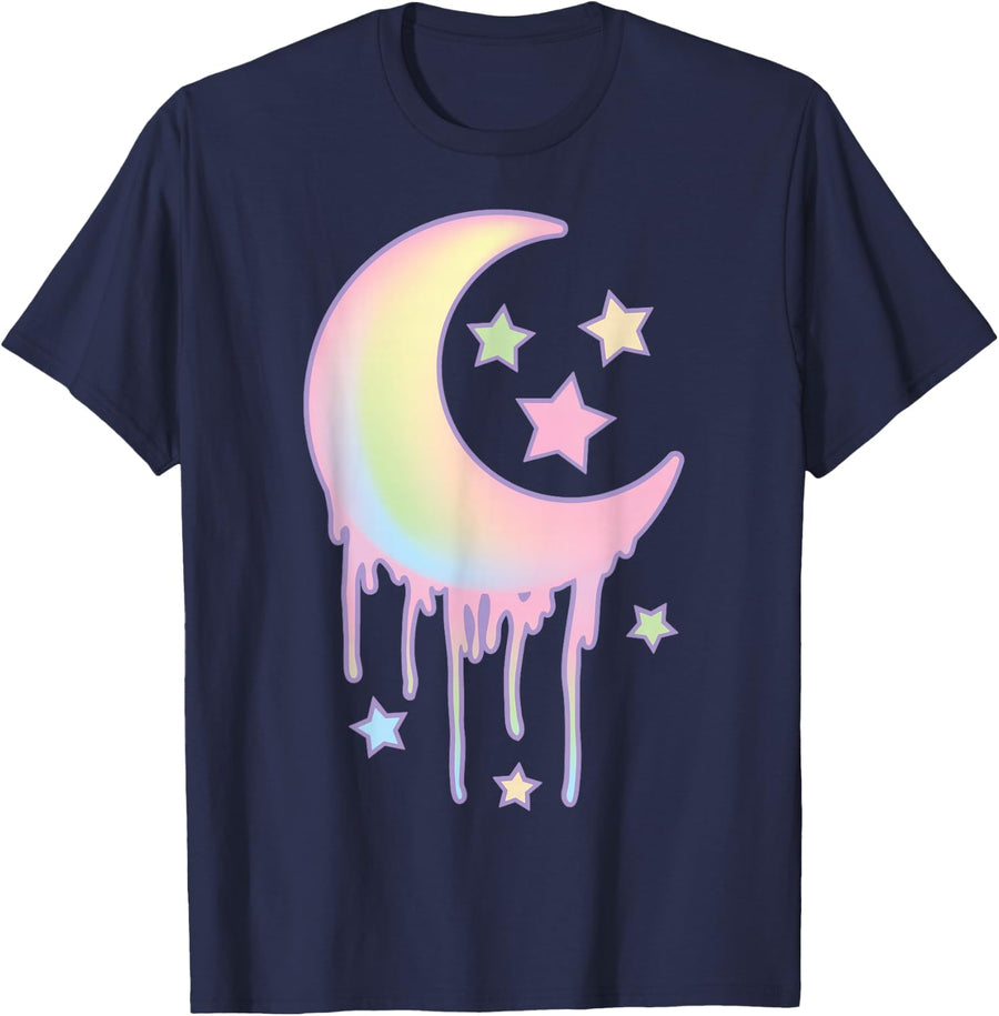 Pastel Goth Moon & Stars Trippy Aesthetic Kawaii Girls T-Shirt - Navy Blue