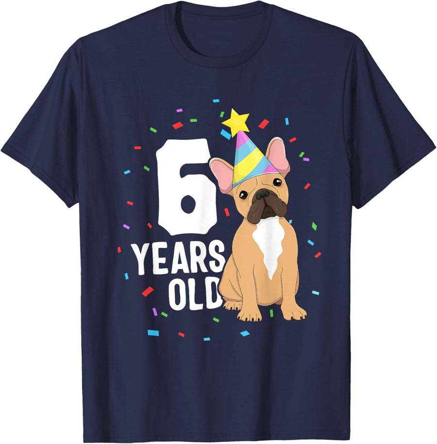 6 Years Old Birthday Outfit French Bulldog Dog Party 6th T-Shirt - Navy Blue