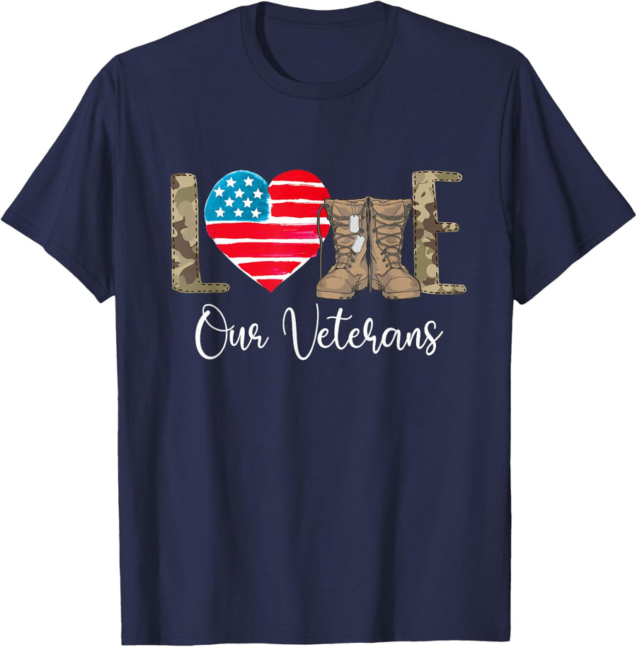Love Our Veterans - Patriotic America Veterans Memorial Day T-Shirt - Navy Blue