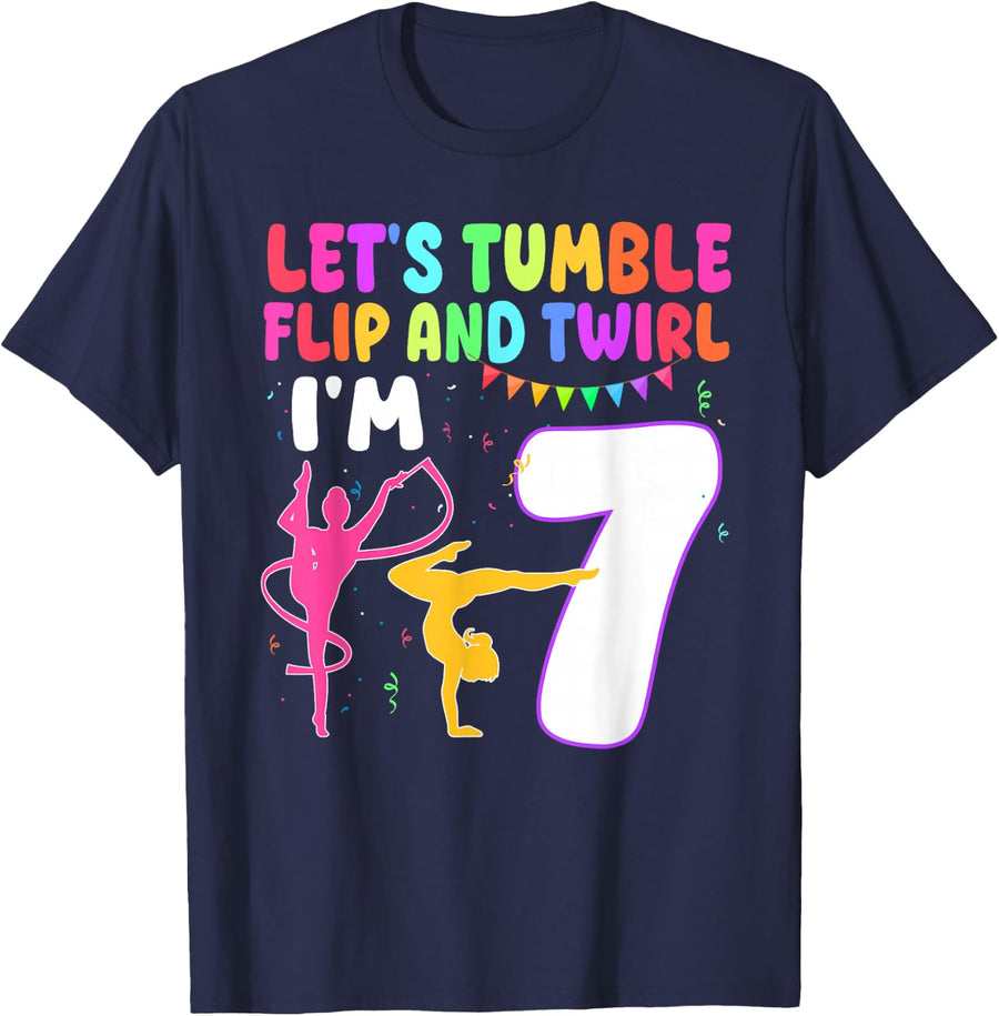 7 Year Old Gymnast Girl 7th Gymnastics Birthday Party T-Shirt - Navy Blue