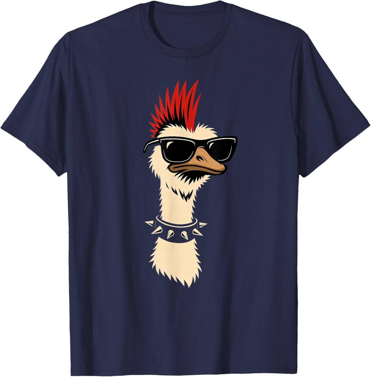 Funny Punk Ostrich Mohawk, Rock and Roll Band, Animal Lover T-Shirt - Navy Blue
