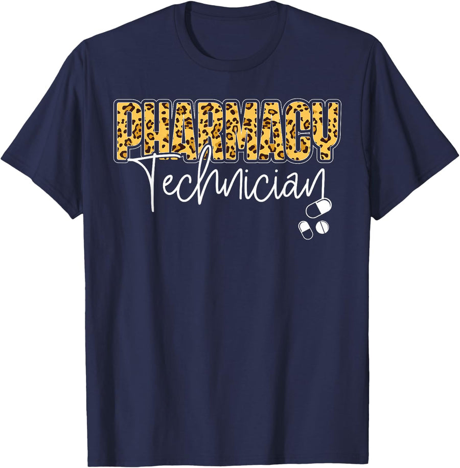 Pharmacy Tech Technician Pharmacist Student Leopard Cheetah T-Shirt - Navy Blue