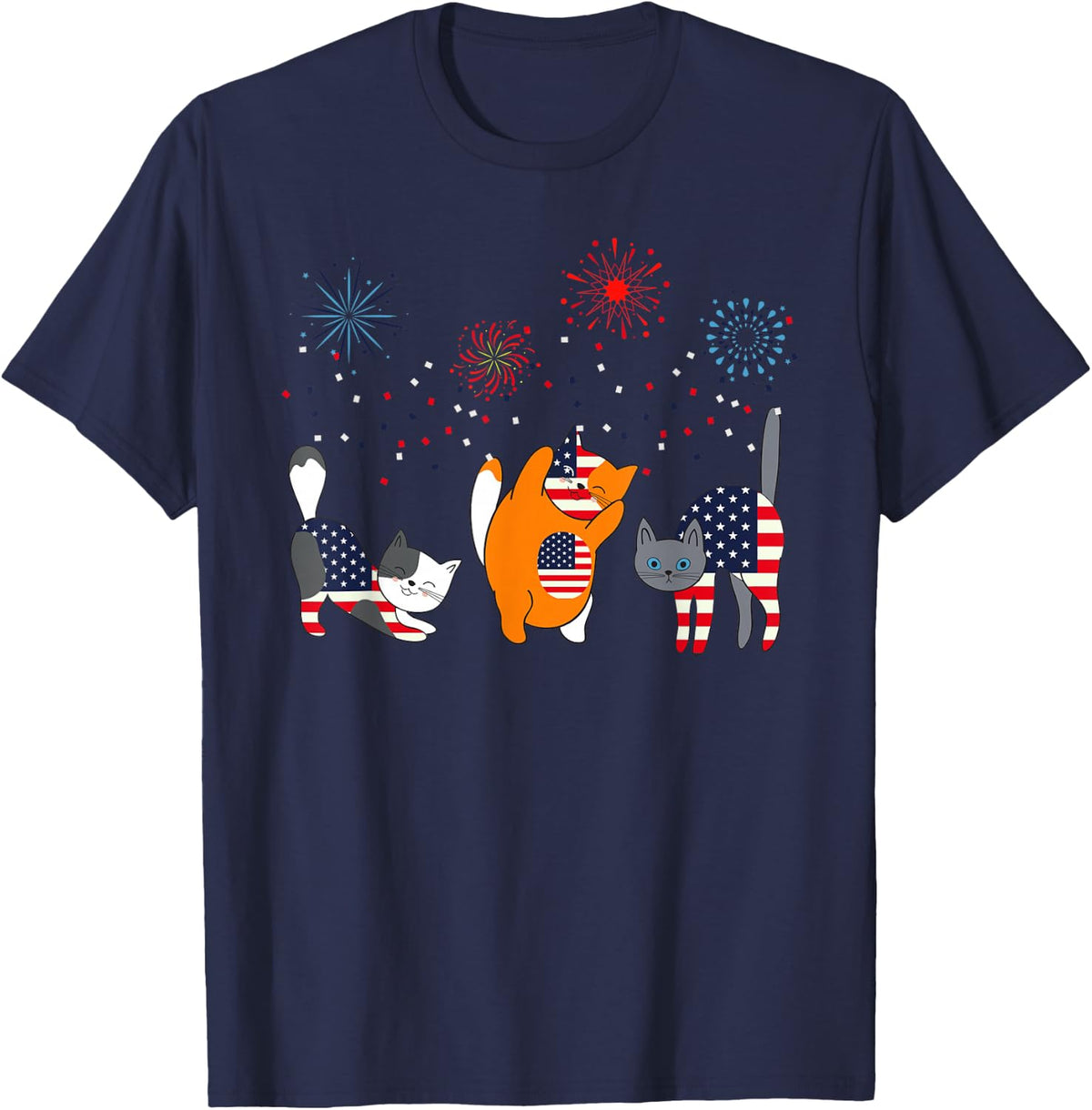 Fourth 4th of July American Flag Meowica Cats Cat T-Shirt - Navy Blue