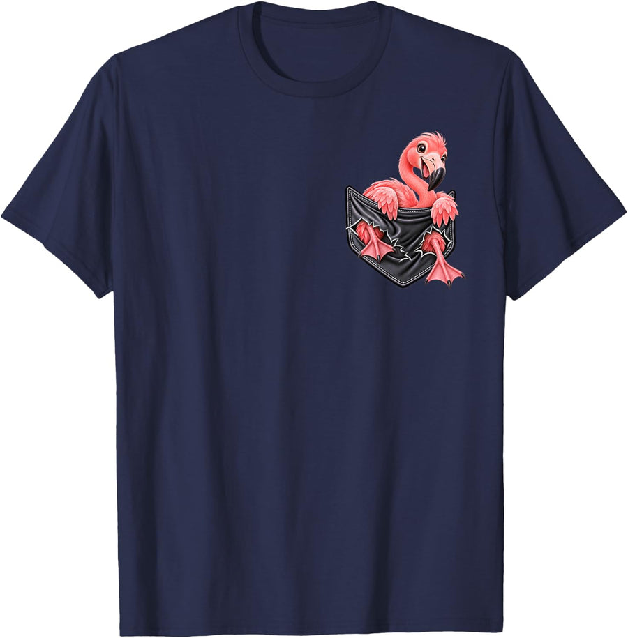 Funny Flamingo Pocket for Men and Women Cute Animal Graphic T-Shirt - Navy Blue