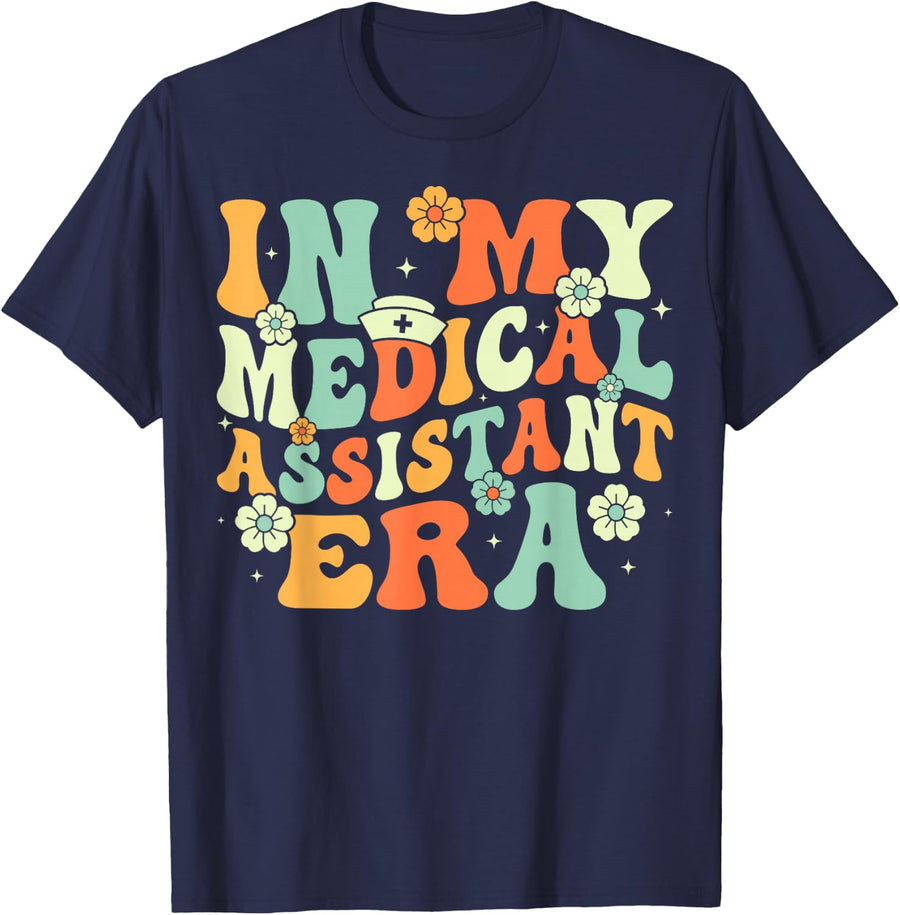 in My Medical Assistant Era - Groovy Healthcare Worker CMA T-Shirt - Navy Blue