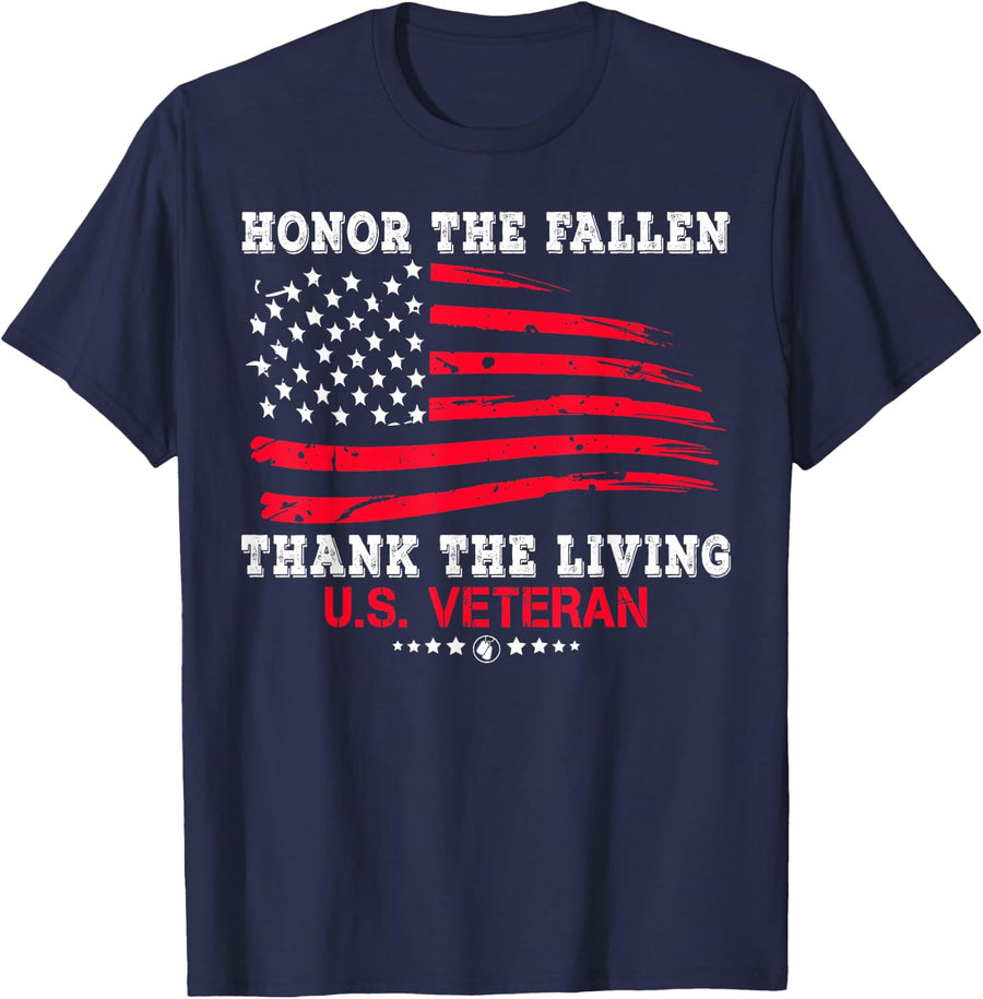 Distressed Memorial Day Honor The Fallen Thank The Living T-Shirt - Navy Blue