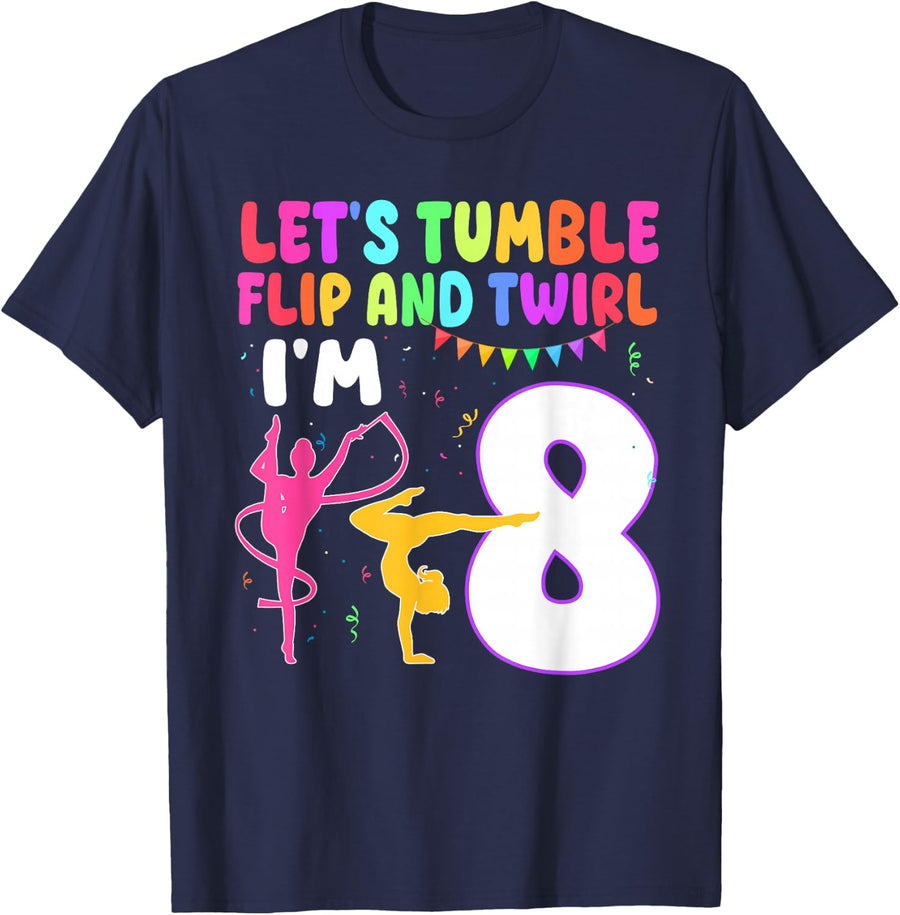 8 Year Old Gymnast Girl 8th Gymnastics Birthday Party T-Shirt - Navy Blue