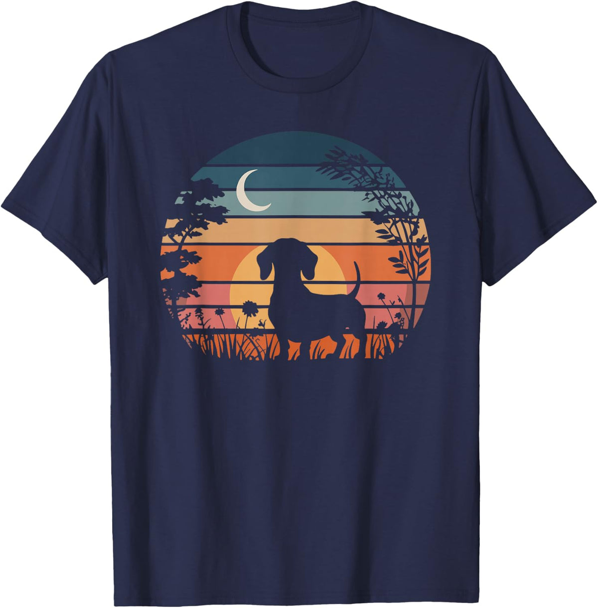 Dachshund Vintage Silhouette 60s 70s Retro Wiener Dog Lover T-Shirt - Navy Blue