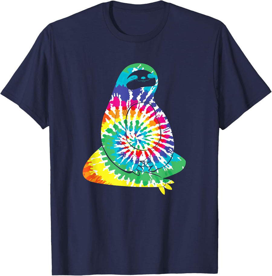 Fun Hippie Rainbow Tie Dye Sloth Graphic Sloth Lover T-Shirt - Navy Blue