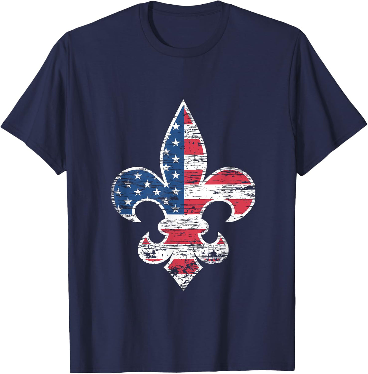 Fleur De Lys American Flag Distressed Vintage Mardi Gras T-Shirt - Navy Blue