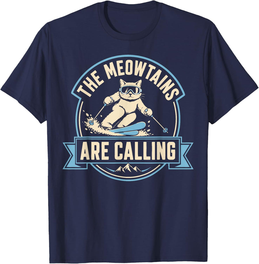 Funny Skiing Cat Mountains Winter Sports Skier T-Shirt - Navy Blue