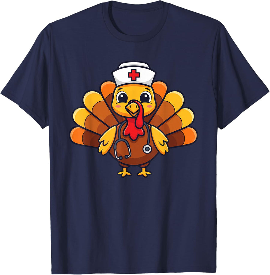 Thanksgiving Nursing Scrub Tops Women Turkey Nurse T-Shirt - Navy Blue