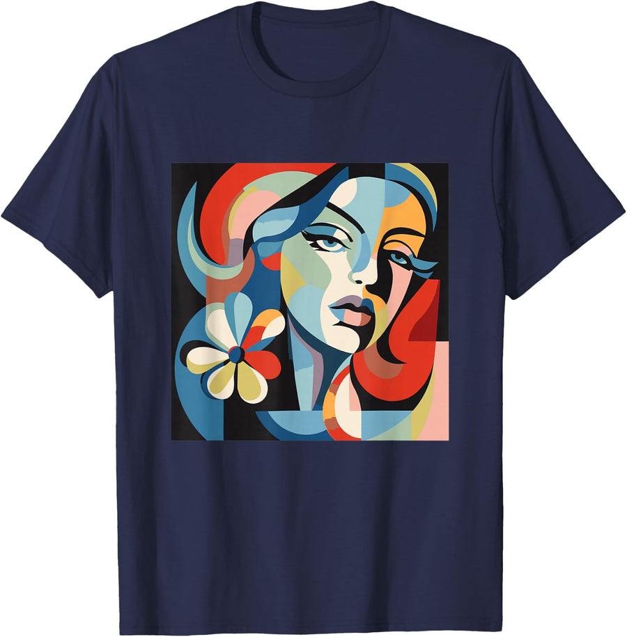 Abstract Woman Face Art Illustration Graphic Designs T-Shirt - Navy Blue