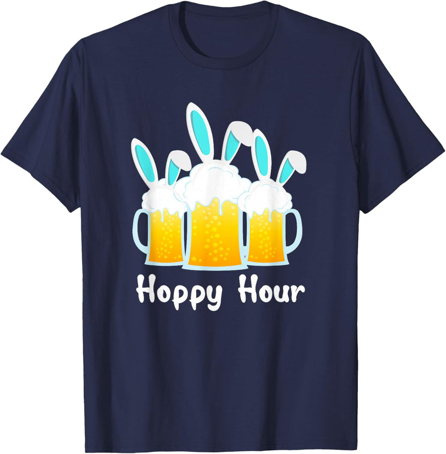 Punny Easter Shirt Happy Bunny Beer Drinking Top Men Women T-Shirt - Navy Blue